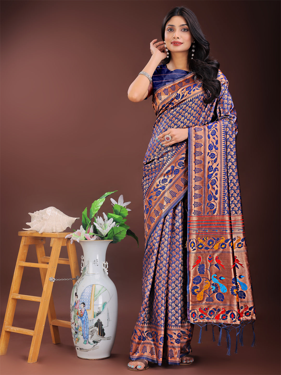 Astita Vibrant Copper & Navy Blue Banarasi Silk Saree with Colorful Pallu - Perfect Blend of Tradition and Festive Elegance - Distacart