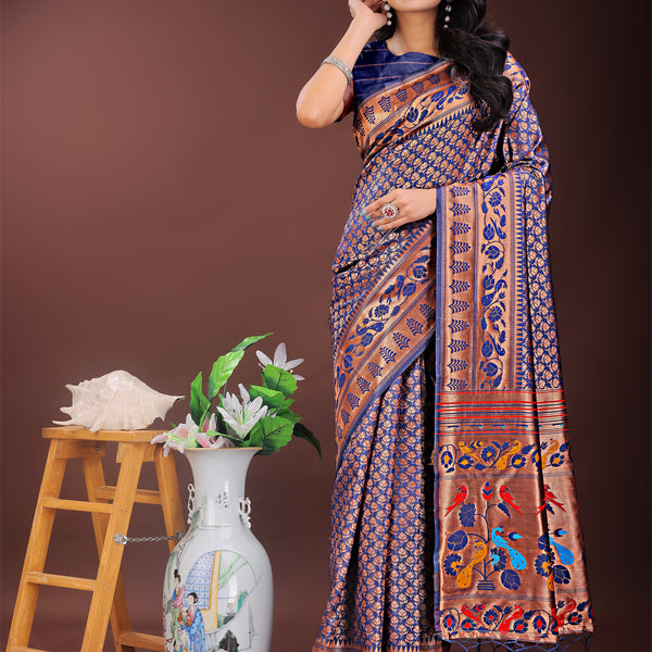 Astita Vibrant Copper & Navy Blue Banarasi Silk Saree with Colorful Pallu - Perfect Blend of Tradition and Festive Elegance - Distacart