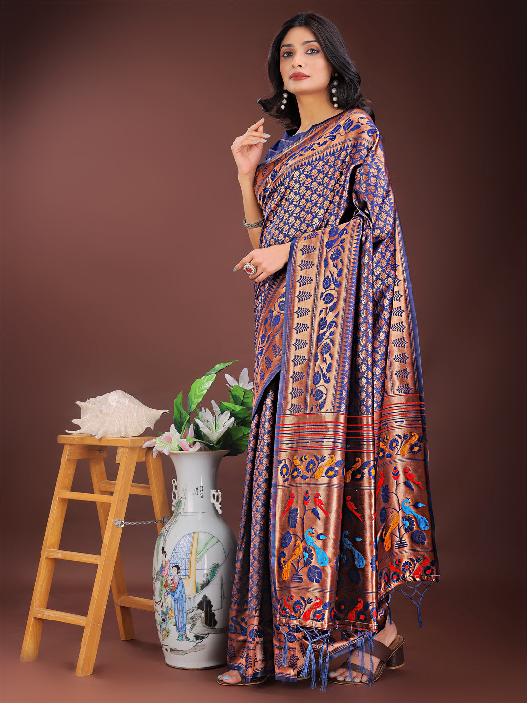 Astita Vibrant Copper & Navy Blue Banarasi Silk Saree with Colorful Pallu - Perfect Blend of Tradition and Festive Elegance - Distacart