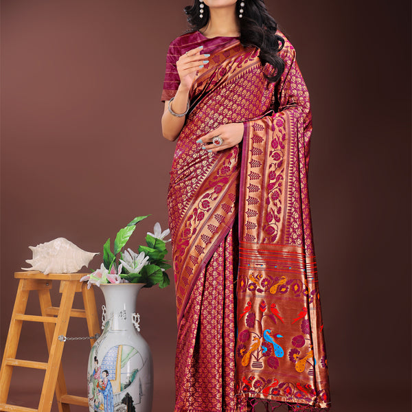 Astita Vibrant Copper & Magenta Banarasi Silk Saree with Colorful Pallu - Perfect Blend of Tradition and Festive Elegance - Distacart