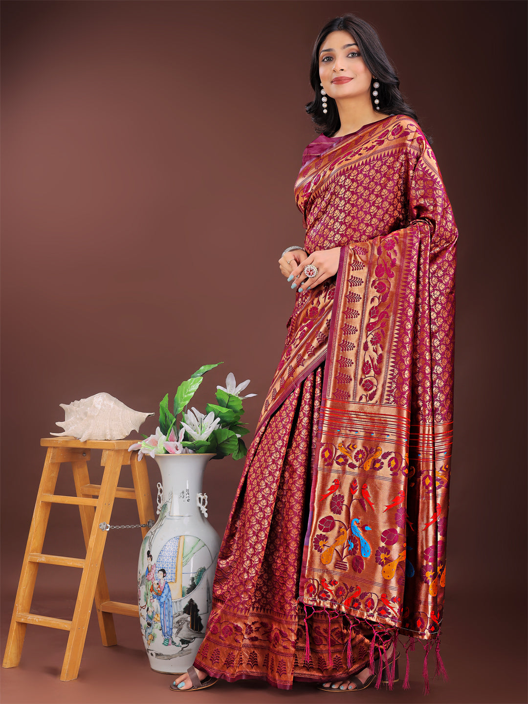 Astita Vibrant Copper & Magenta Banarasi Silk Saree with Colorful Pallu - Perfect Blend of Tradition and Festive Elegance - Distacart