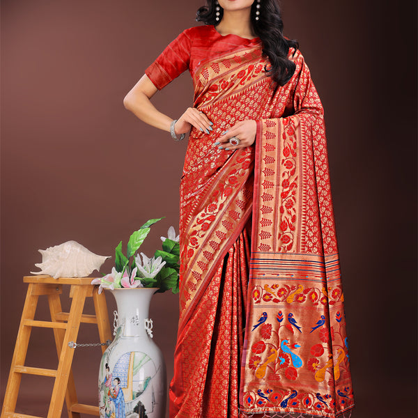 Astita Vibrant Copper & Red Banarasi Silk Saree with Colorful Pallu - Perfect Blend of Tradition and Festive Elegance - Distacart