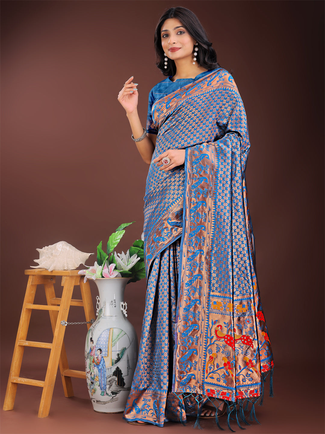 Astita Fiery Blue Banarasi Silk Saree with Gold Zari and Colorful Pallu - Perfect for Bridal,Wedding & Festive Glamour - Distacart