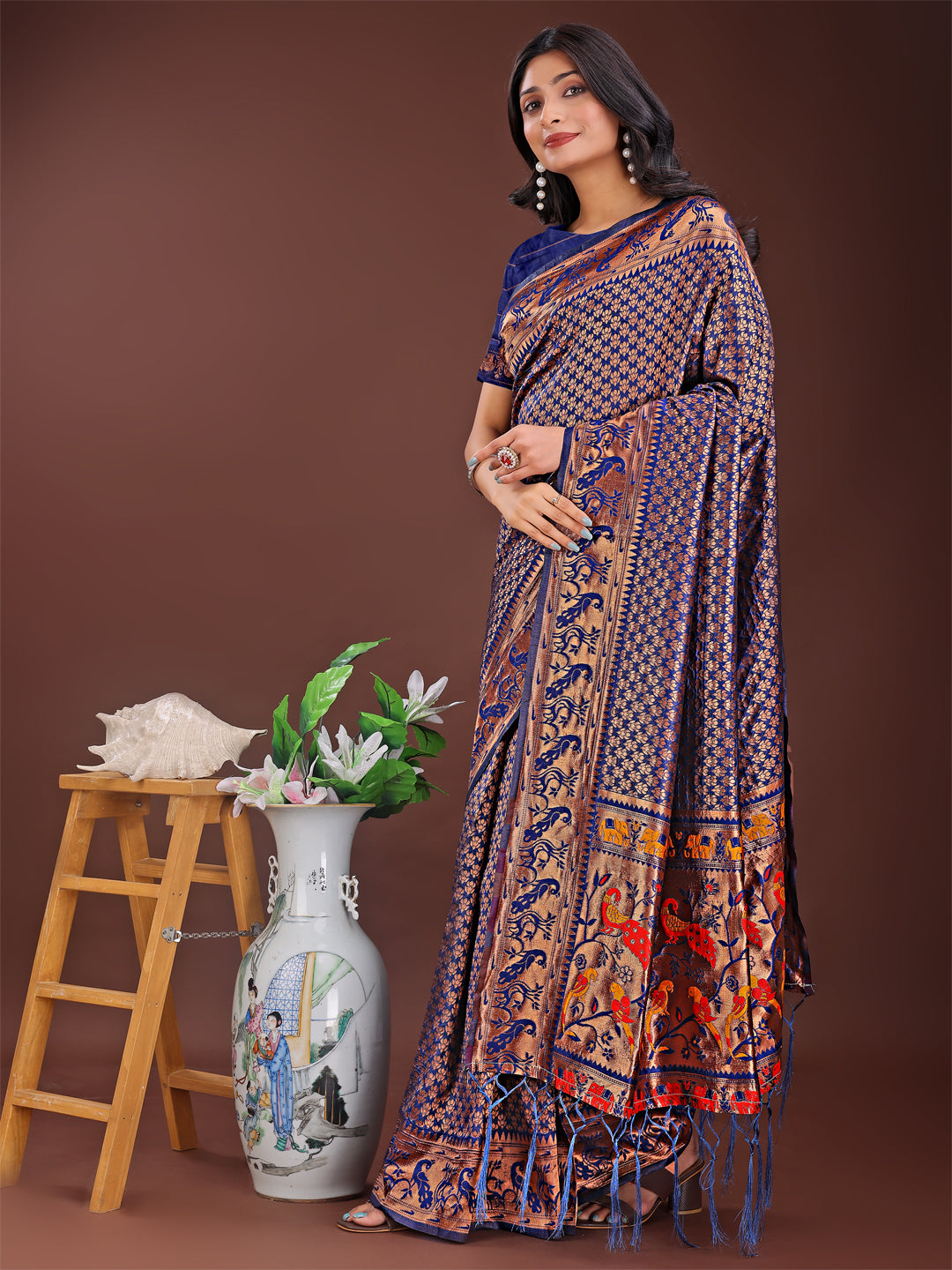 Astita Fiery Navy Blue Banarasi Silk Saree with Gold Zari and Colorful Pallu - Perfect for Bridal,Wedding & Festive Glamour - Distacart