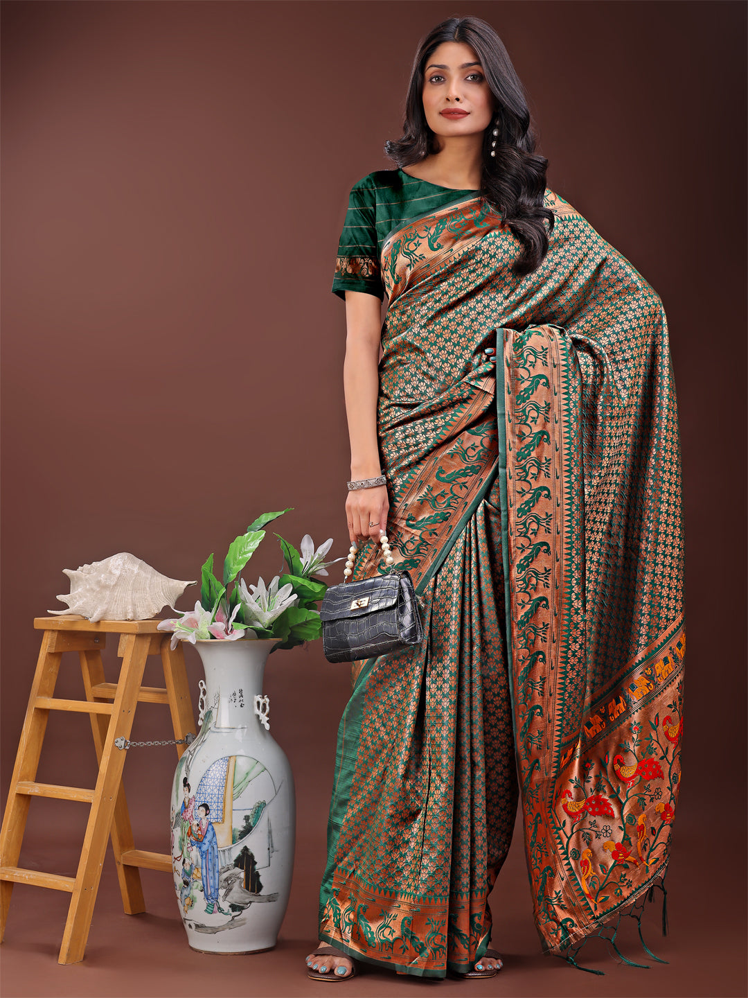 Astita Fiery Green Banarasi Silk Saree with Gold Zari and Colorful Pallu - Perfect for Bridal,Wedding & Festive Glamour - Distacart
