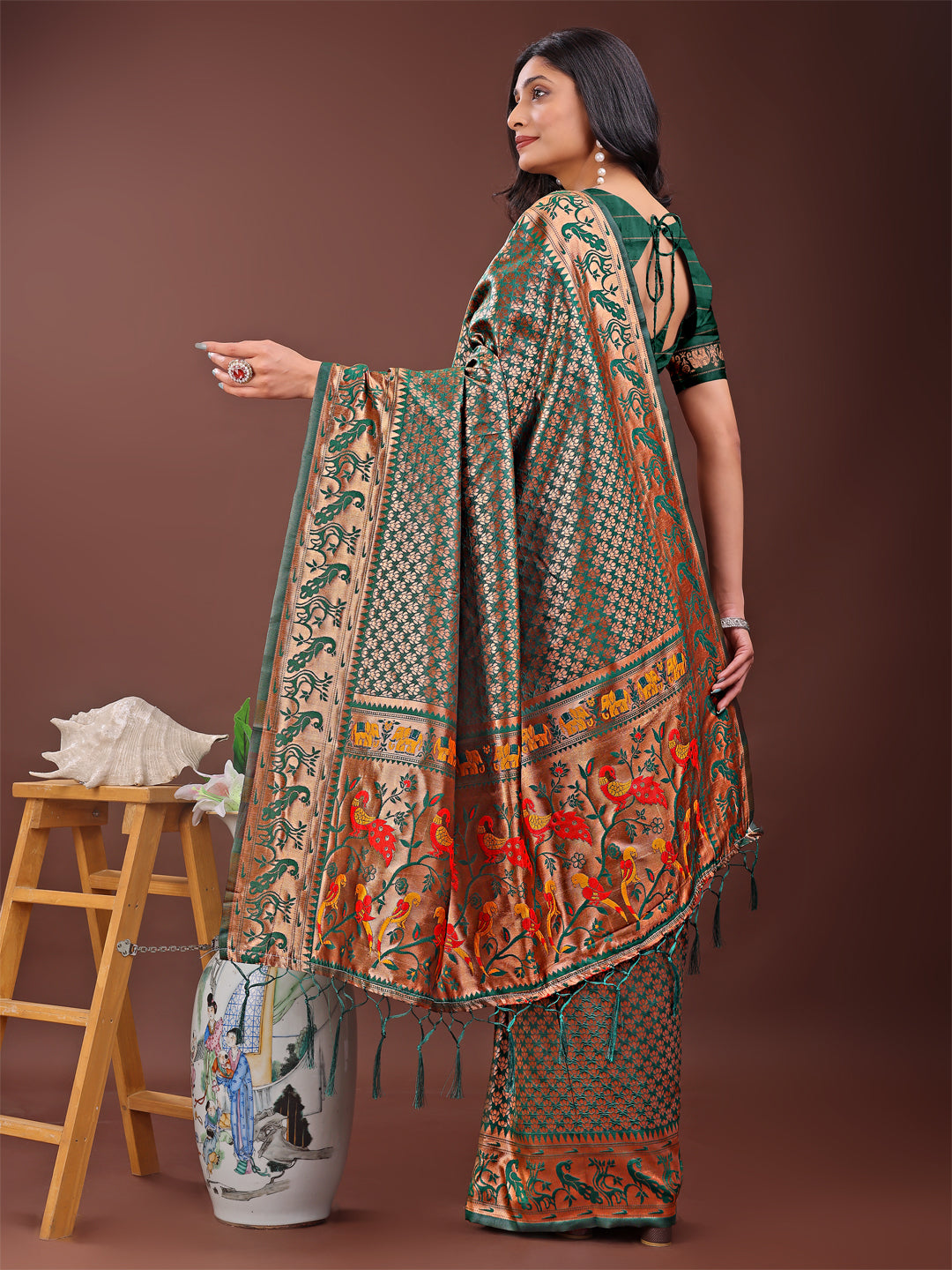 Astita Fiery Green Banarasi Silk Saree with Gold Zari and Colorful Pallu - Perfect for Bridal,Wedding & Festive Glamour - Distacart