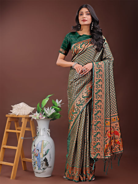 Astita Fiery Green Banarasi Silk Saree with Gold Zari and Colorful Pallu - Perfect for Bridal,Wedding & Festive Glamour - Distacart