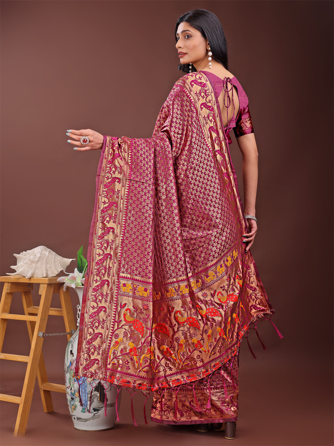 Astita Fiery Purple Banarasi Silk Saree with Gold Zari and Colorful Pallu - Perfect for Bridal,Wedding & Festive Glamour - Distacart