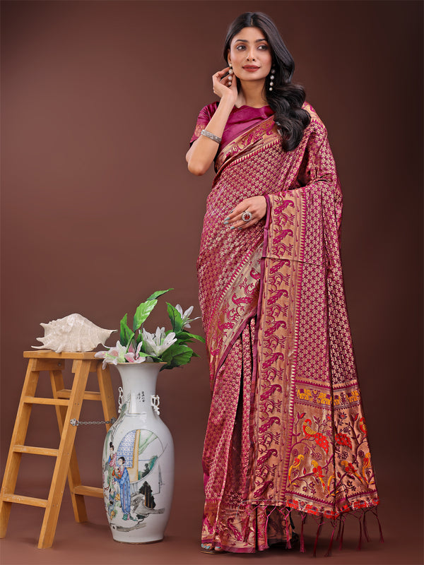 Astita Fiery Purple Banarasi Silk Saree with Gold Zari and Colorful Pallu - Perfect for Bridal,Wedding & Festive Glamour - Distacart