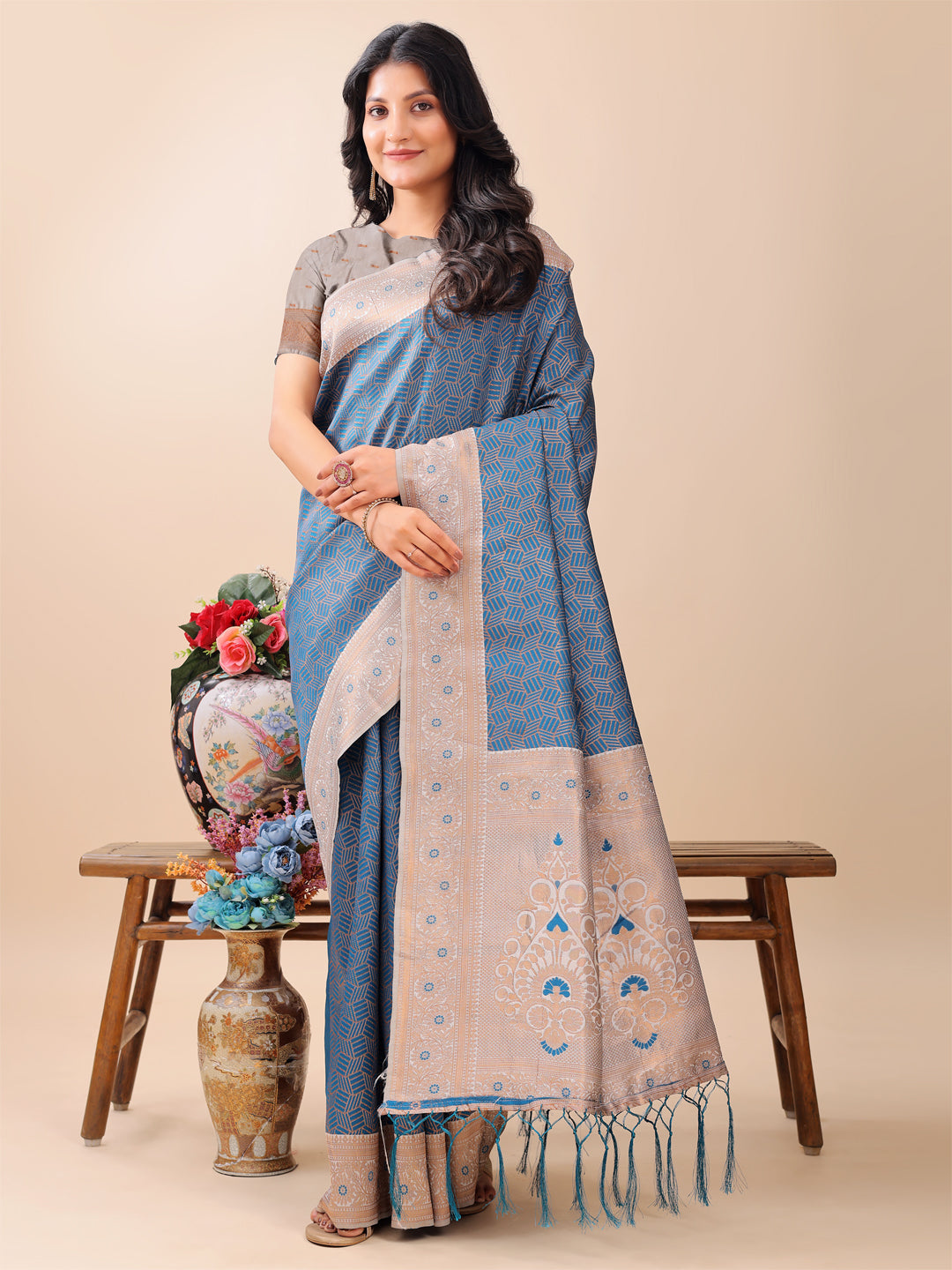 Astita Graceful Blue & Beige Lichi Silk Saree with Elegant Woven Pallu - Timeless Beauty for Every Occasion - Distacart