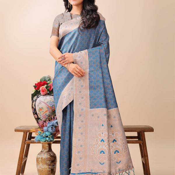 Astita Graceful Blue & Beige Lichi Silk Saree with Elegant Woven Pallu - Timeless Beauty for Every Occasion - Distacart