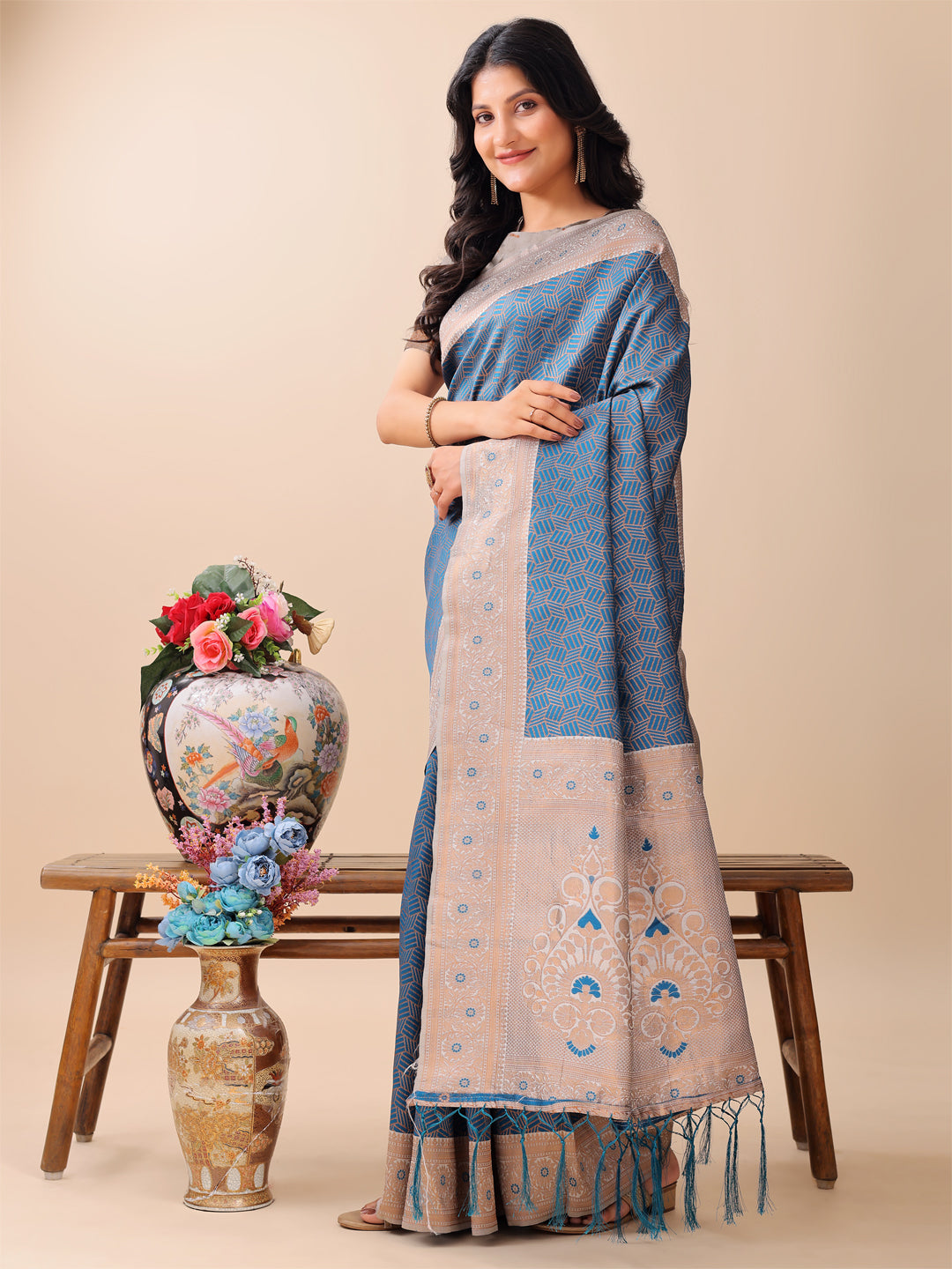 Astita Graceful Blue & Beige Lichi Silk Saree with Elegant Woven Pallu - Timeless Beauty for Every Occasion - Distacart