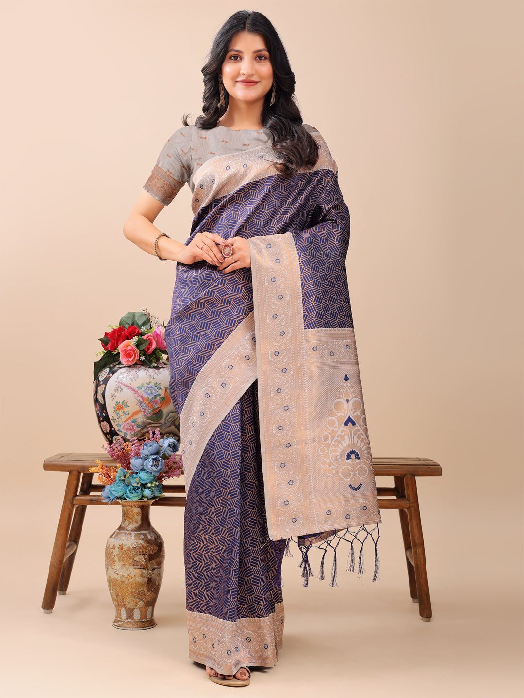 Astita Graceful Navy Blue & Beige Lichi Silk Saree with Elegant Woven Pallu - Timeless Beauty for Every Occasion - Distacart