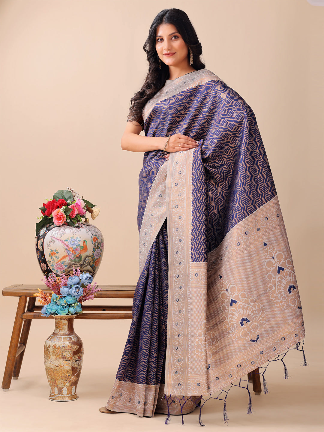 Astita Graceful Navy Blue & Beige Lichi Silk Saree with Elegant Woven Pallu - Timeless Beauty for Every Occasion - Distacart