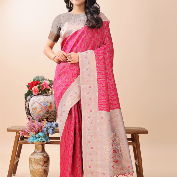 Astita Graceful Pink & Beige Lichi Silk Saree with Elegant Woven Pallu - Timeless Beauty for Every Occasion - Distacart