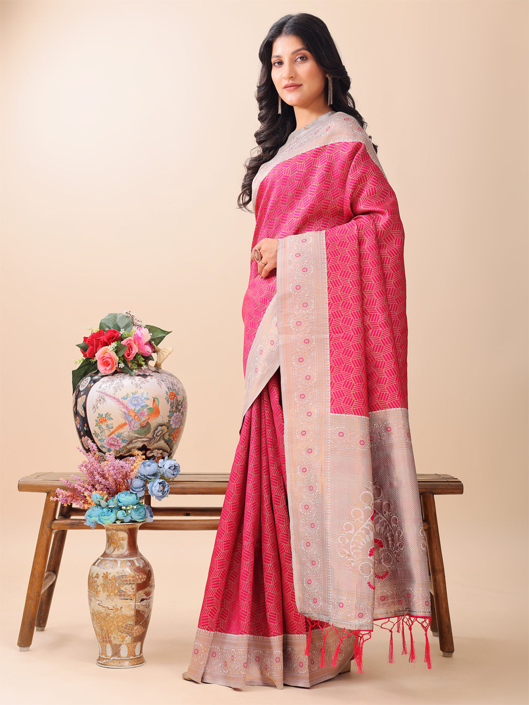 Astita Graceful Pink & Beige Lichi Silk Saree with Elegant Woven Pallu - Timeless Beauty for Every Occasion - Distacart