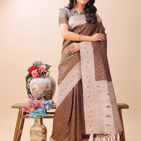 Astita Graceful Brown & Beige Lichi Silk Saree with Elegant Woven Pallu - Timeless Beauty for Every Occasion - Distacart