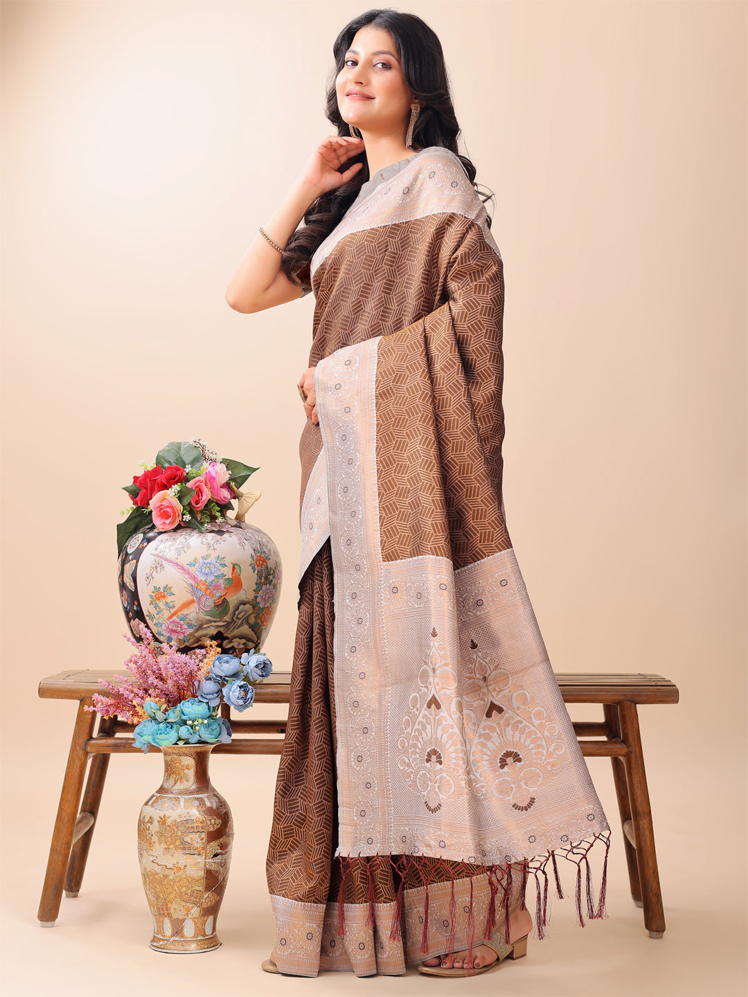 Astita Graceful Brown & Beige Lichi Silk Saree with Elegant Woven Pallu - Timeless Beauty for Every Occasion - Distacart