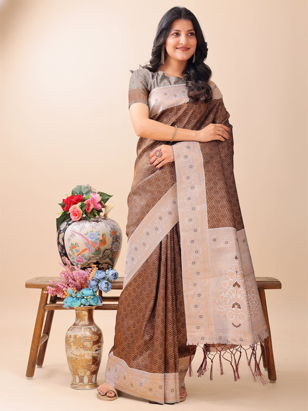 Astita Graceful Brown & Beige Lichi Silk Saree with Elegant Woven Pallu - Timeless Beauty for Every Occasion