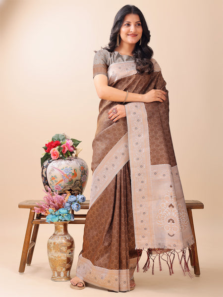 Astita Graceful Brown & Beige Lichi Silk Saree with Elegant Woven Pallu - Timeless Beauty for Every Occasion