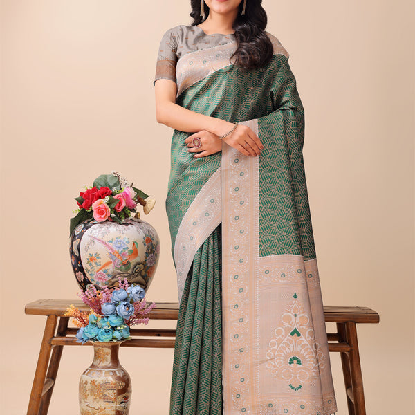 Astita Graceful Green & Beige Lichi Silk Saree with Elegant Woven Pallu - Timeless Beauty for Every Occasion - Distacart