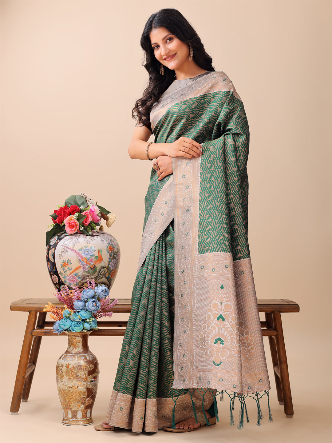 Astita Graceful Green & Beige Lichi Silk Saree with Elegant Woven Pallu - Timeless Beauty for Every Occasion - Distacart