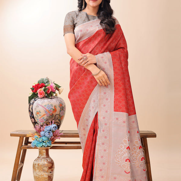 Astita Graceful Red & Beige Lichi Silk Saree with Elegant Woven Pallu - Timeless Beauty for Every Occasion - Distacart