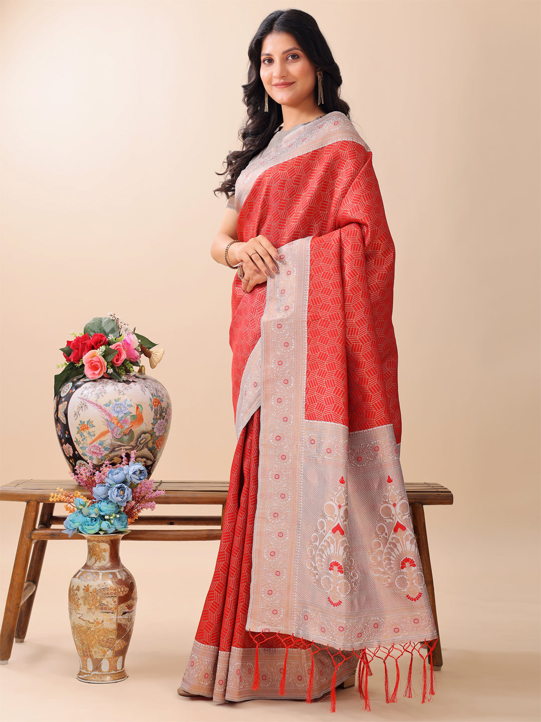 Astita Graceful Red & Beige Lichi Silk Saree with Elegant Woven Pallu - Timeless Beauty for Every Occasion - Distacart