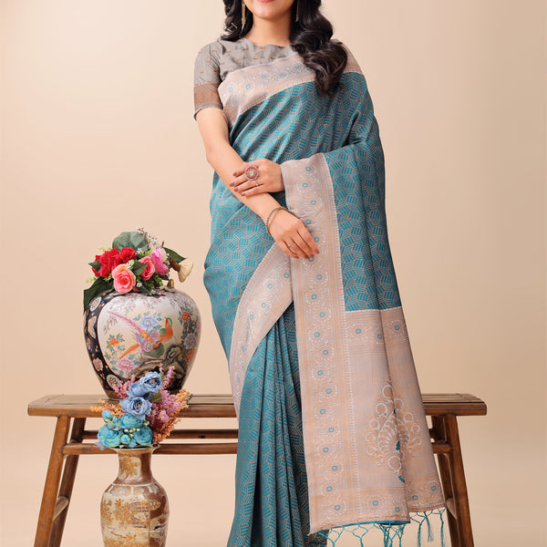 Astita Graceful Teal & Beige Lichi Silk Saree with Elegant Woven Pallu - Timeless Beauty for Every Occasion - Distacart