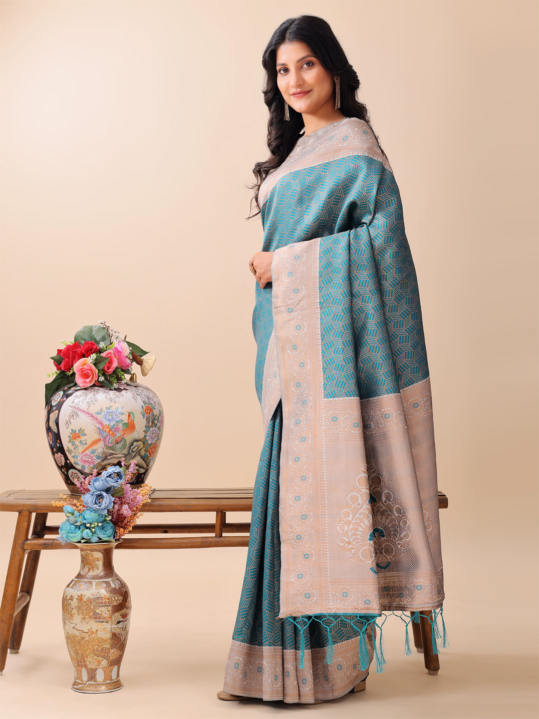 Astita Graceful Teal & Beige Lichi Silk Saree with Elegant Woven Pallu - Timeless Beauty for Every Occasion - Distacart