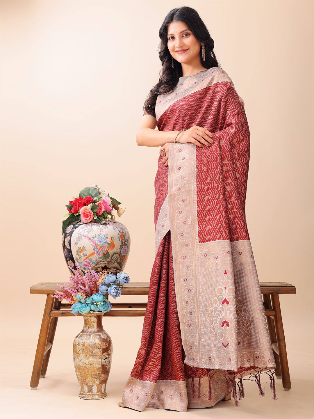 Astita Graceful Maroon & Beige Lichi Silk Saree with Elegant Woven Pallu - Timeless Beauty for Every Occasion - Distacart