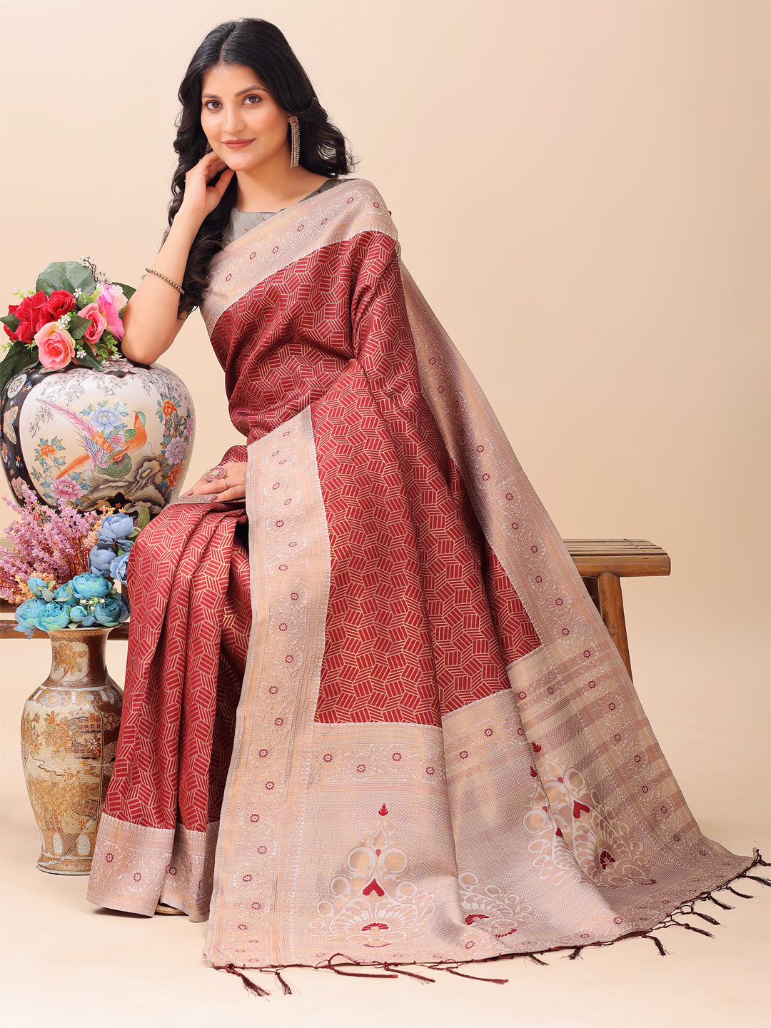 Astita Graceful Maroon & Beige Lichi Silk Saree with Elegant Woven Pallu - Timeless Beauty for Every Occasion