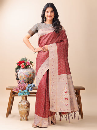 Astita Graceful Maroon & Beige Lichi Silk Saree with Elegant Woven Pallu - Timeless Beauty for Every Occasion - Distacart