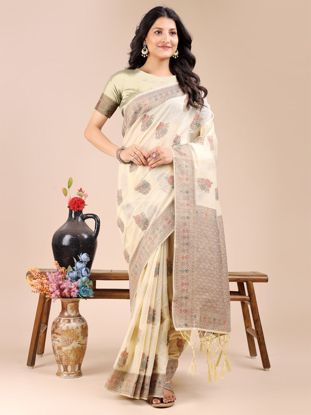 Astita Cream Cotton Woven Zari Work Traditional Tassel Saree - Distacart