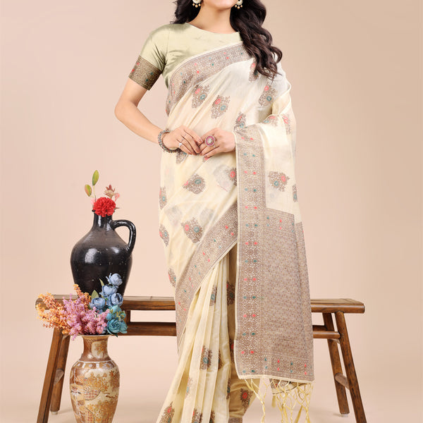 Astita Cream Cotton Woven Zari Work Traditional Tassel Saree - Distacart
