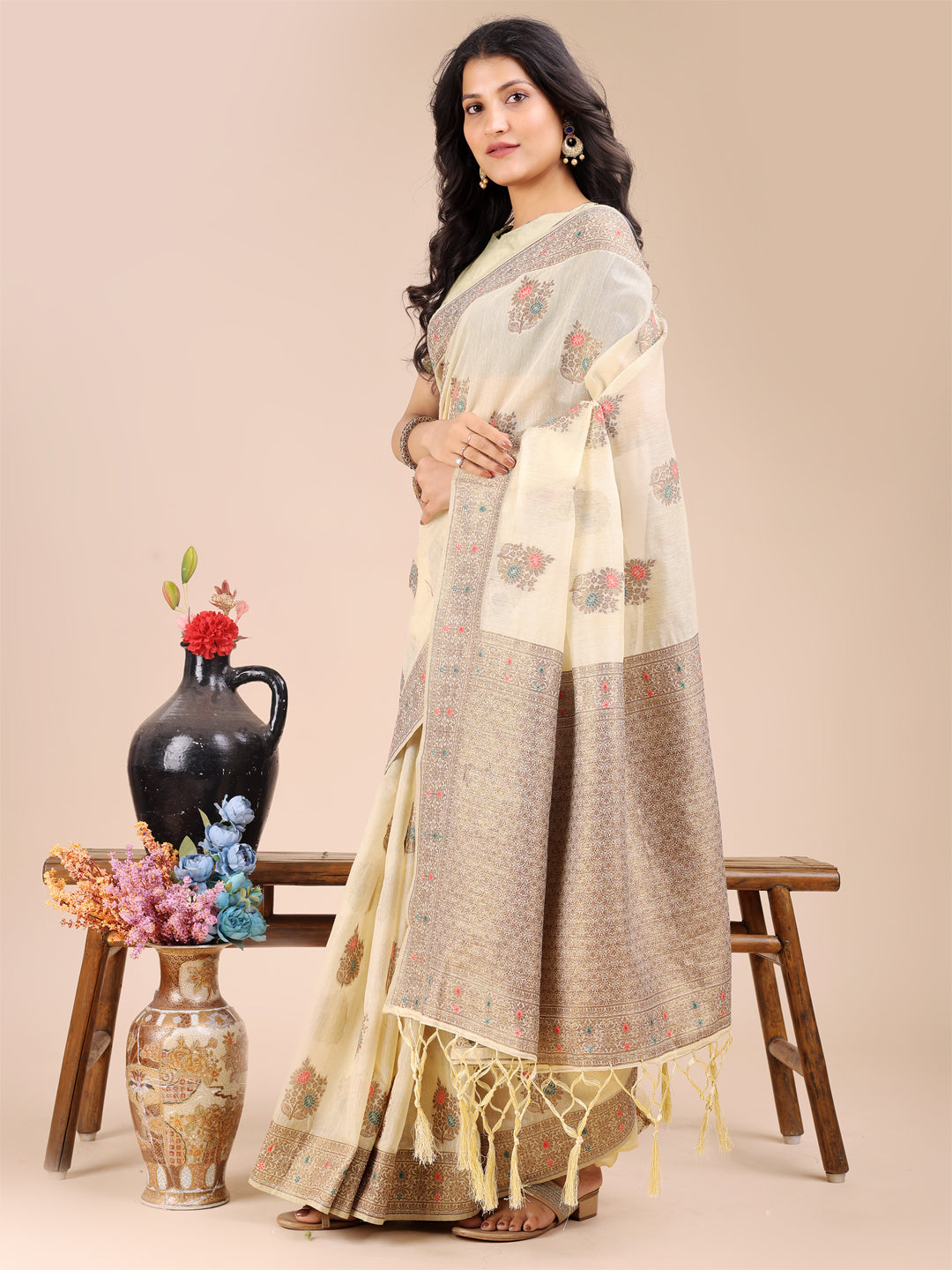 Astita Cream Cotton Woven Zari Work Traditional Tassel Saree - Distacart