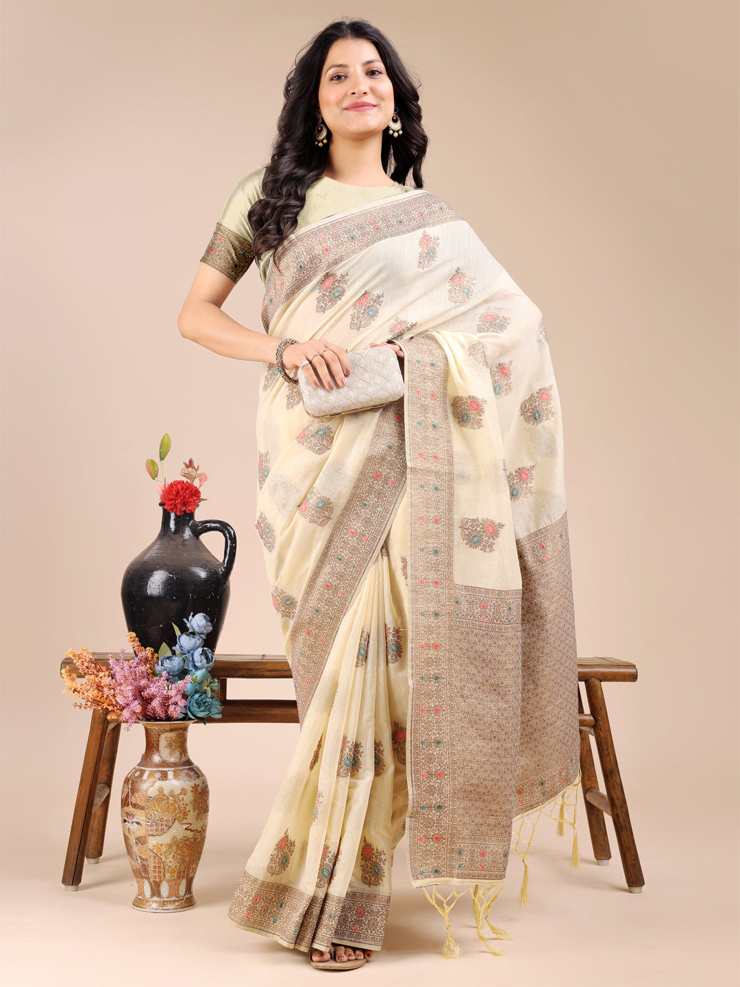 Astita Cream Cotton Woven Zari Work Traditional Tassel Saree