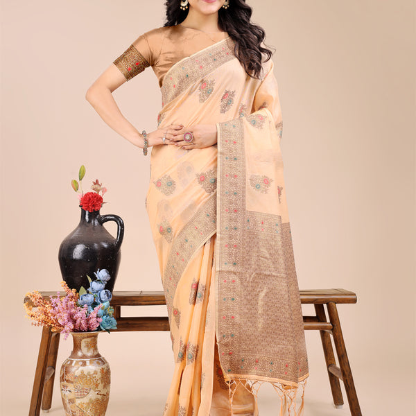 Astita Peach Cotton Woven Zari Work Traditional Tassel Saree - Distacart