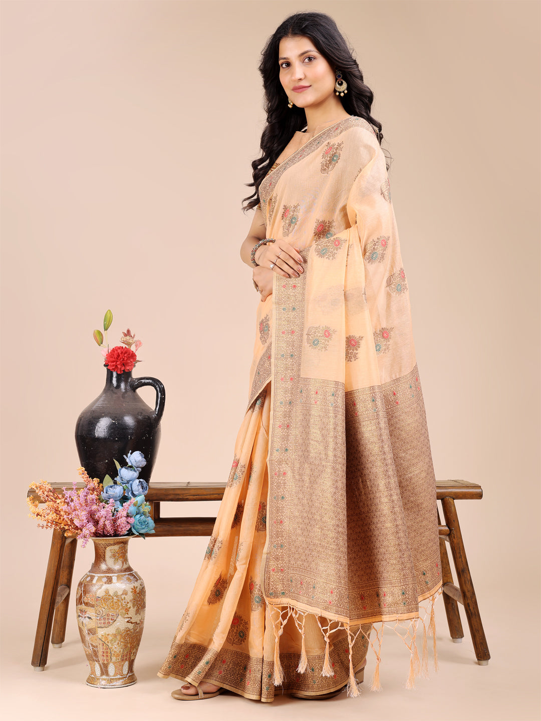 Astita Peach Cotton Woven Zari Work Traditional Tassel Saree - Distacart