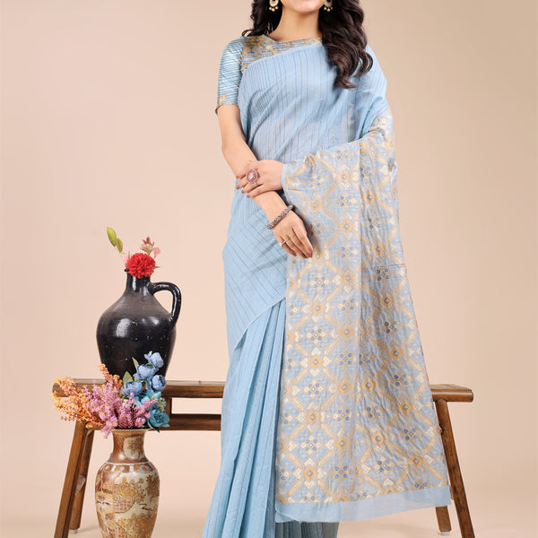 Astita Sky Blue Cotton Woven Zari Work Traditional Tassel Saree - Distacart