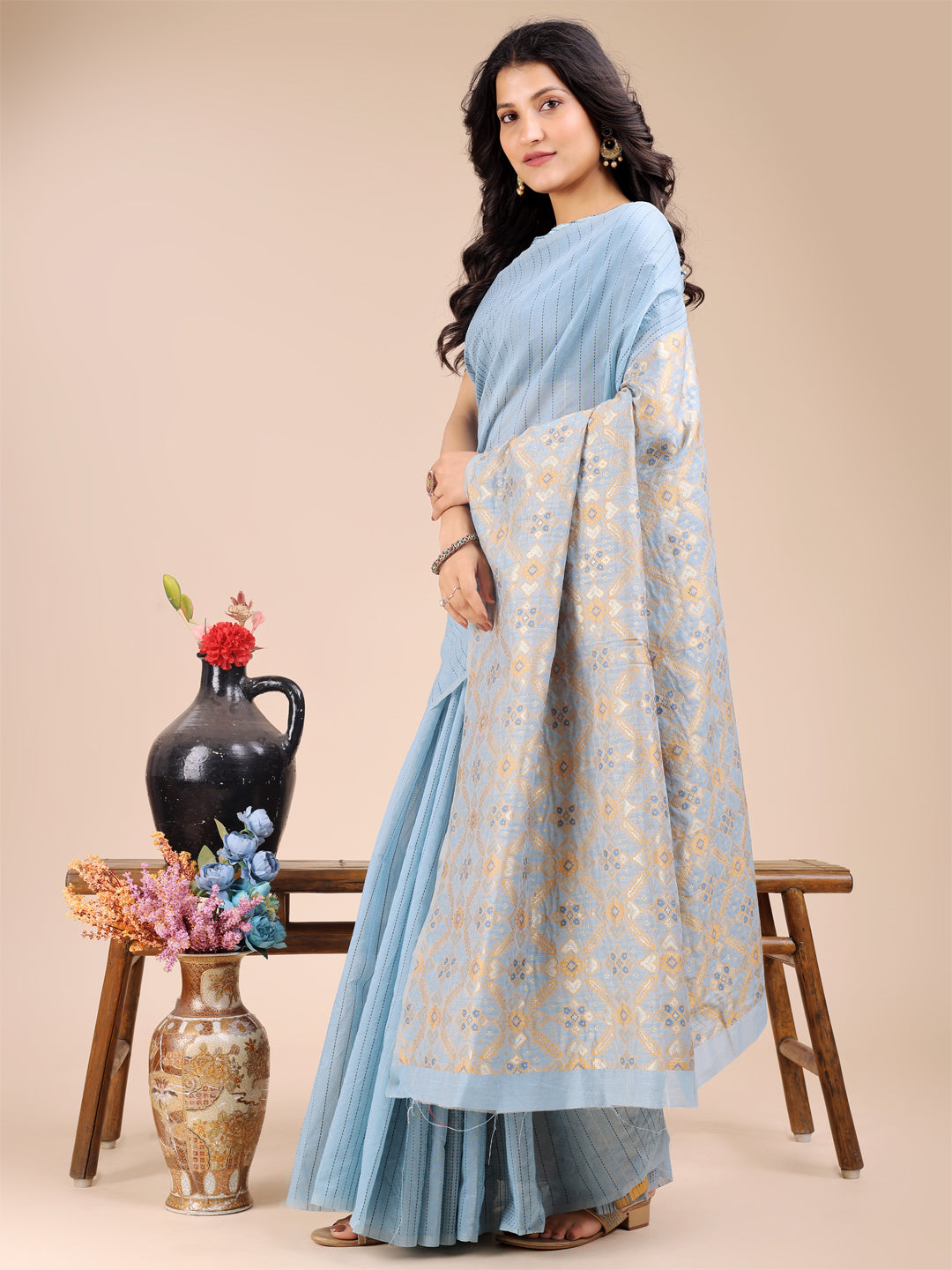 Astita Sky Blue Cotton Woven Zari Work Traditional Tassel Saree - Distacart