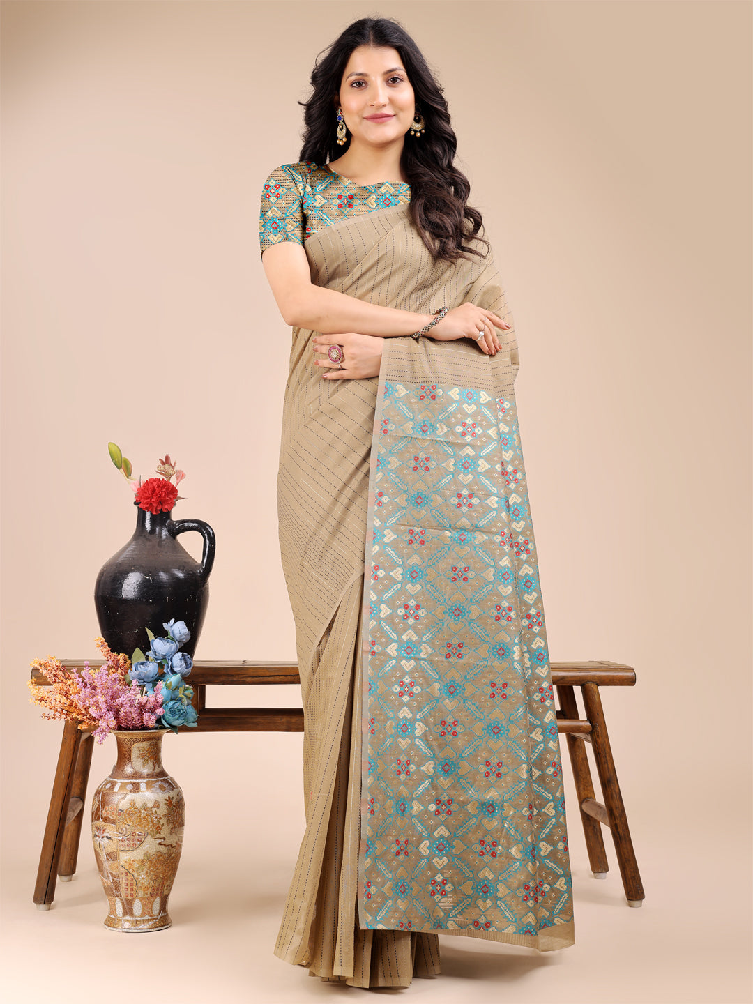 Astita Beige Cotton Woven Zari Work Traditional Tassel Saree - Distacart