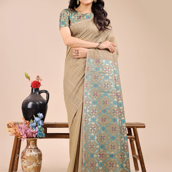 Astita Beige Cotton Woven Zari Work Traditional Tassel Saree - Distacart