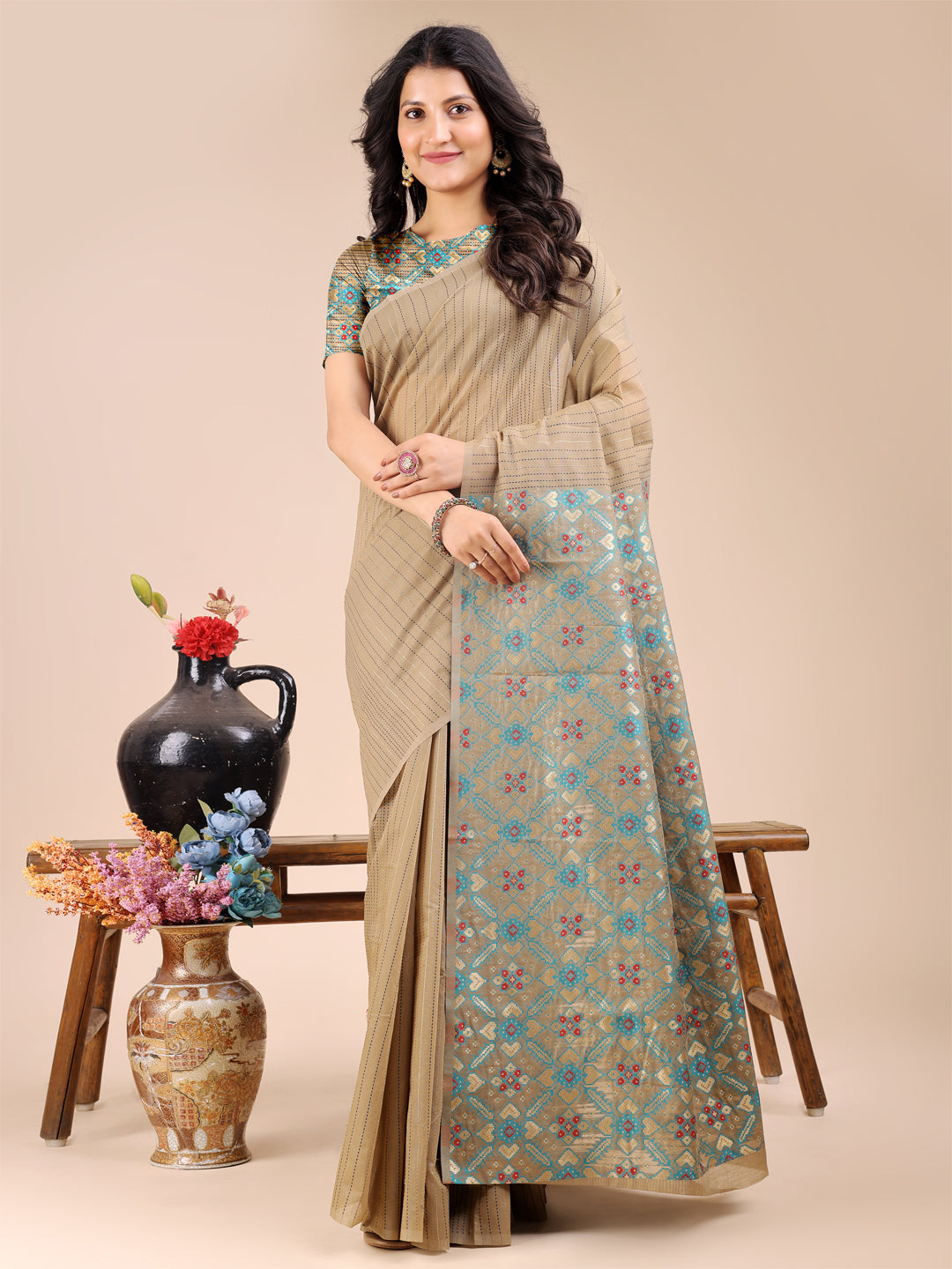 Astita Beige Cotton Woven Zari Work Traditional Tassel Saree - Distacart
