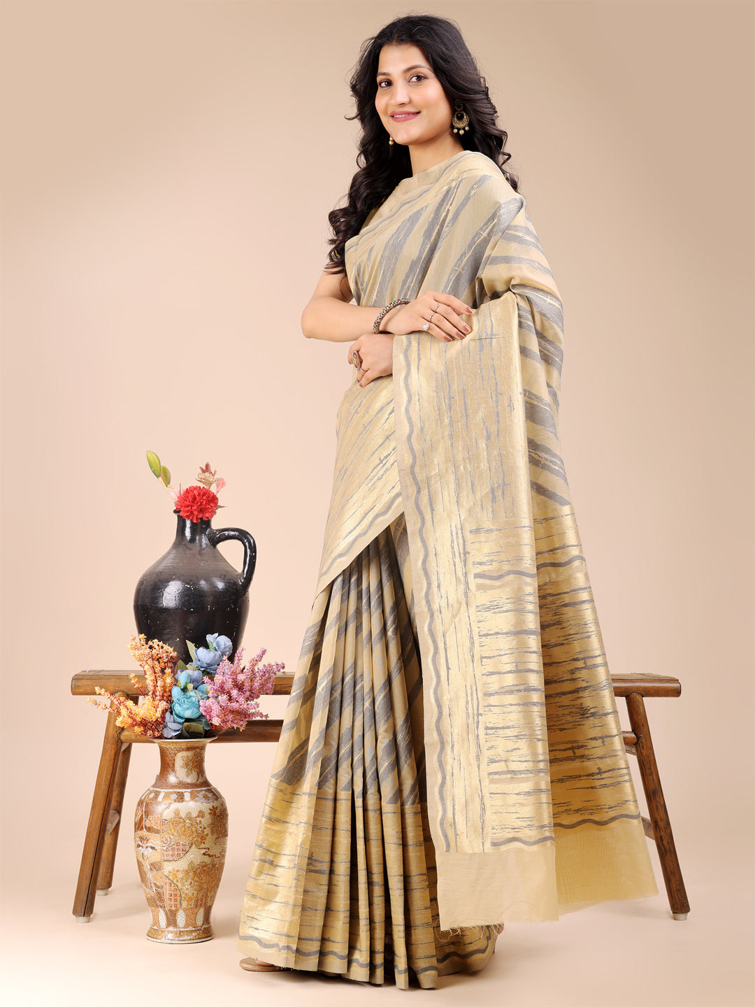 Shree Shyam Fashion Cream Cotton Woven Zari Work Traditional Tassel Saree - Distacart