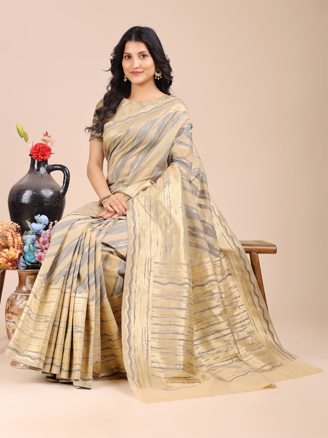 Shree Shyam Fashion Cream Cotton Woven Zari Work Traditional Tassel Saree - Distacart