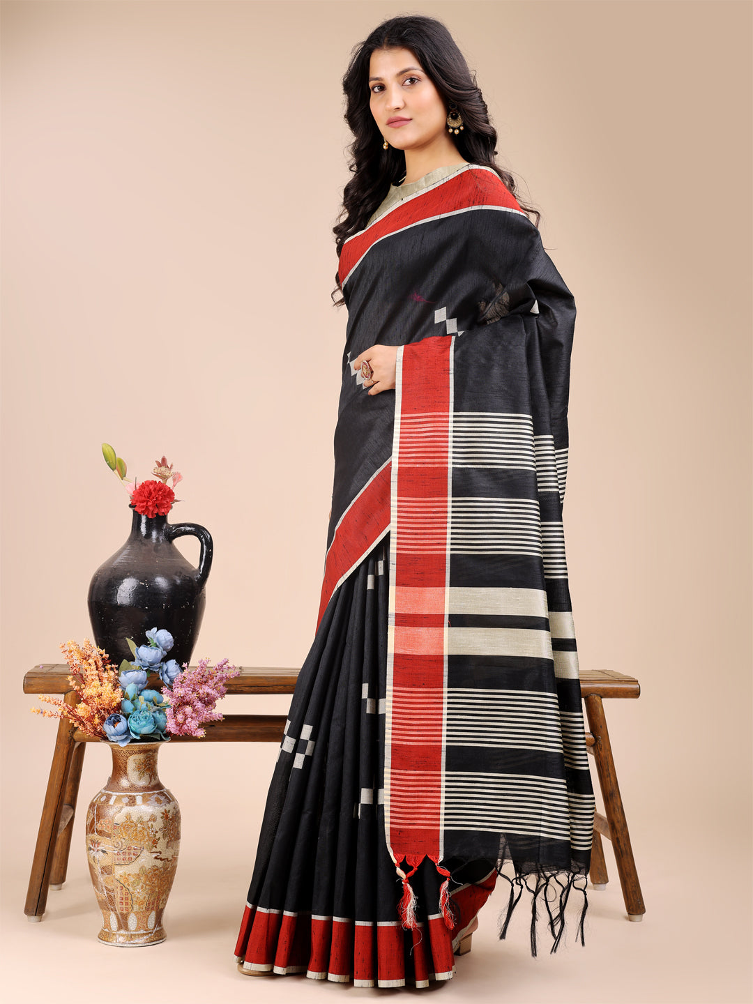 Astita Black Cotton Woven Zari Work Traditional Tassel Saree - Distacart