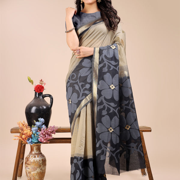 Astita Cream & Black Cotton Woven Zari Work Traditional Tassel Saree - Distacart