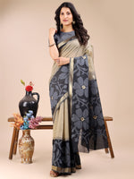 Thumbnail for Astita Cream & Black Cotton Woven Zari Work Traditional Tassel Saree