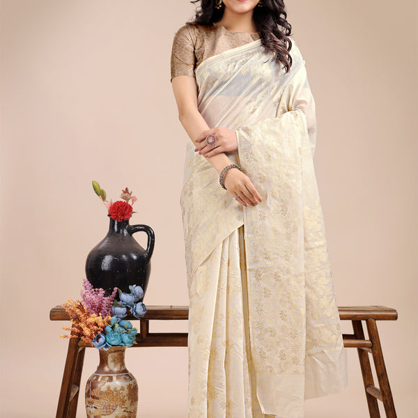 Astita Off White Cotton Woven Zari Work Traditional Tassel Saree - Distacart